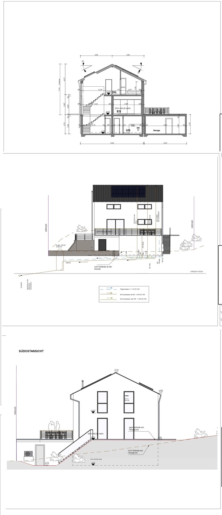 Architekturplan: Haus mit Garage, Treppen, Terrasse; Schnitt- und Ansichten