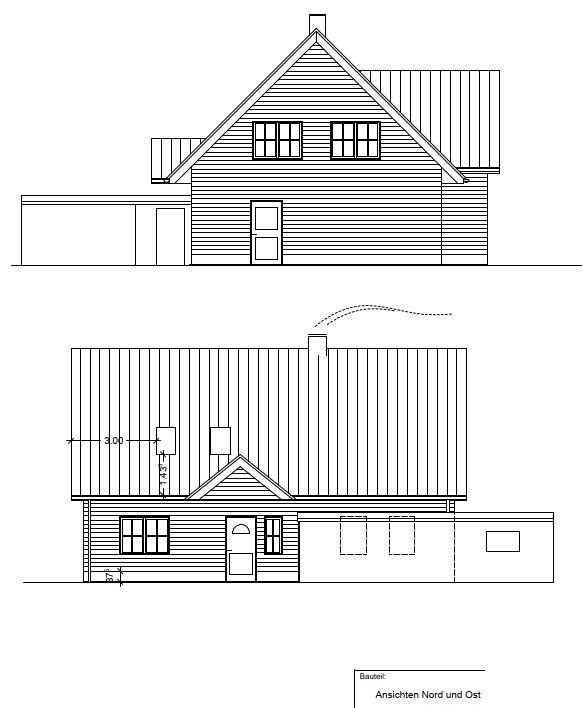 Zweistöckiges Haus mit Satteldach und Garage; Nord- und Ostansicht.