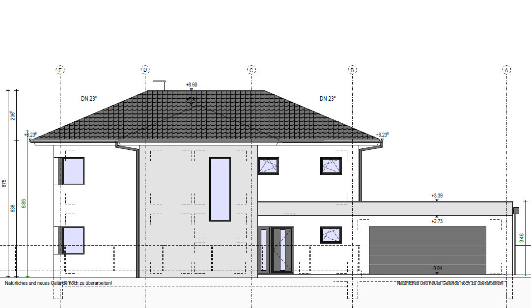 Ansicht eines modernen zweigeschossigen Einfamilienhauses mit Garage und Eingangsbereich.