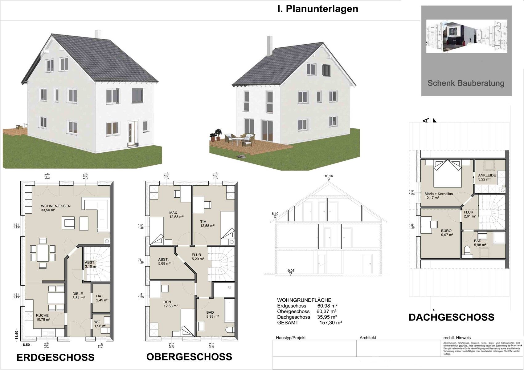 Einfamilienhaus mit 3D-Ansichten und Grundrissen: EG, OG, DG.