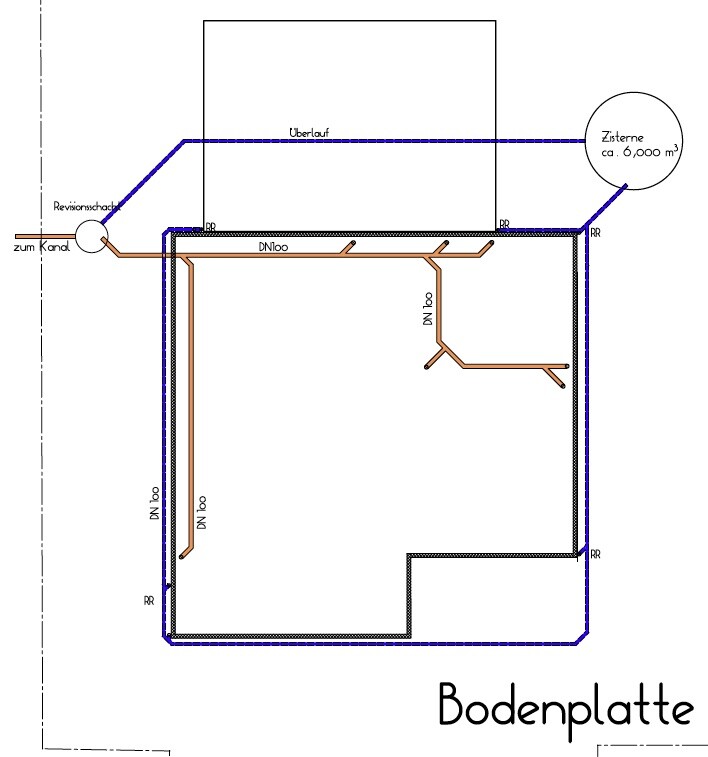 Grundriss Bodenplatte mit Rohrleitungen, Überlauf, Revisionsschacht und Zisterne ca. 6.000 m³