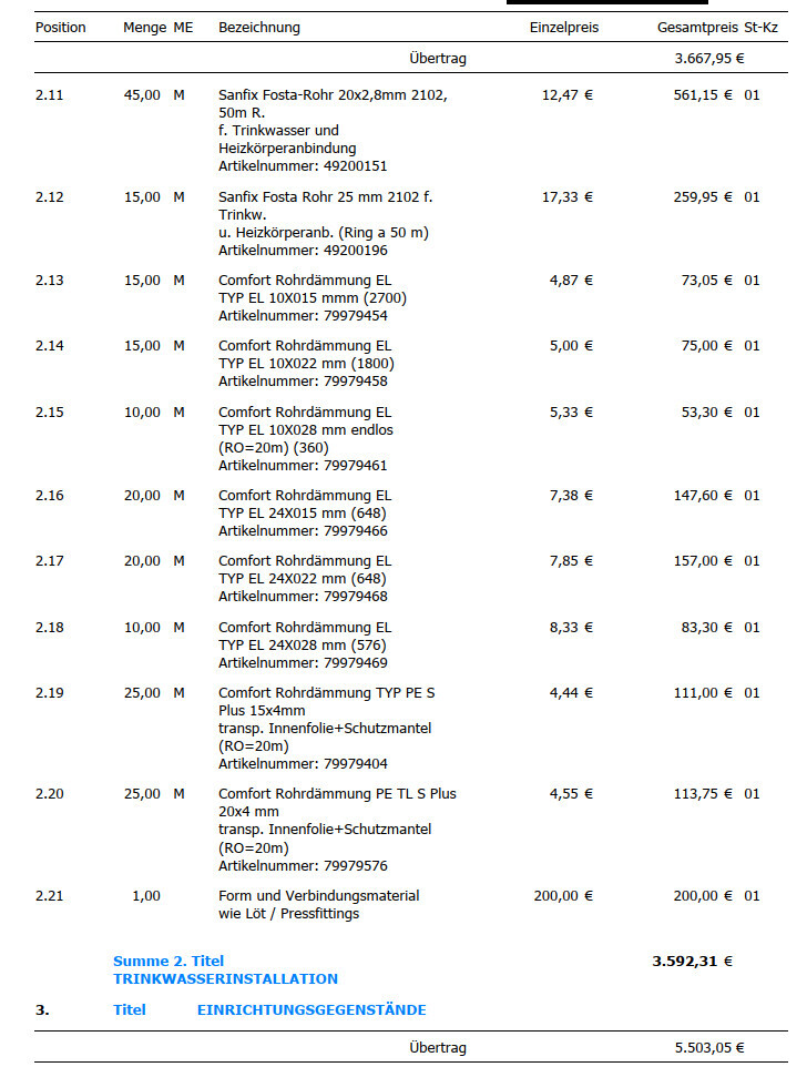 Übersichtliche Rechnungstabelle mit Positionen, Mengen, Preisen und Gesamtsumme.