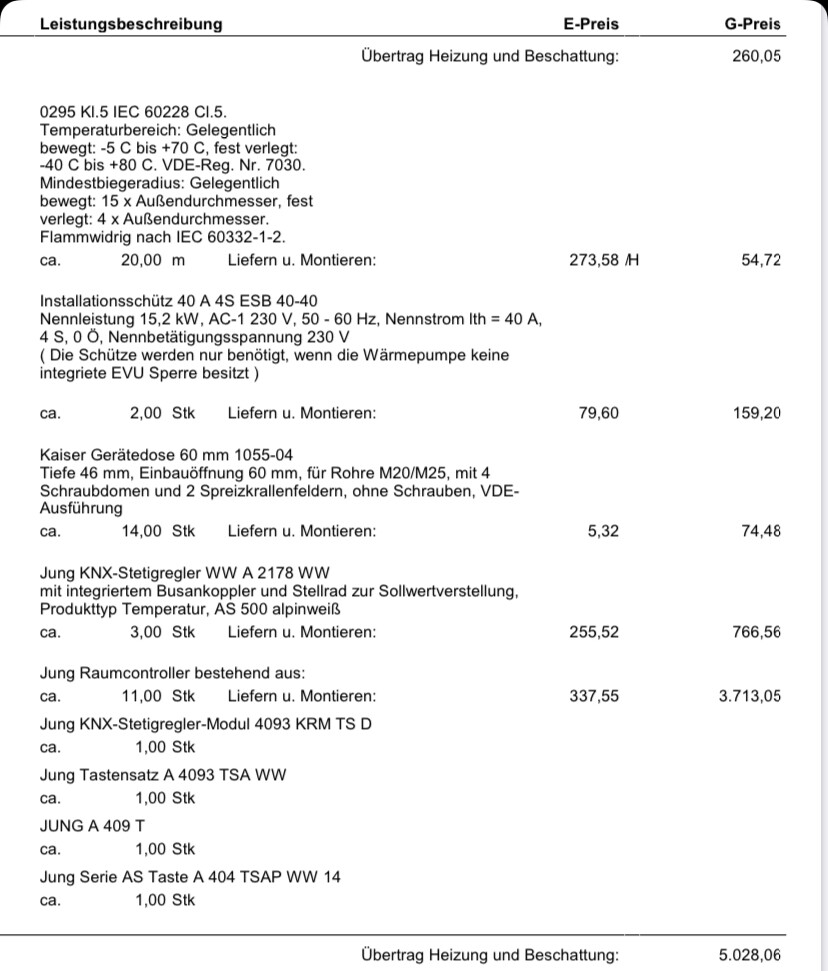 Kostenaufstellung: Heizungs- und Installationsleistungen mit Positionen und Preisen.