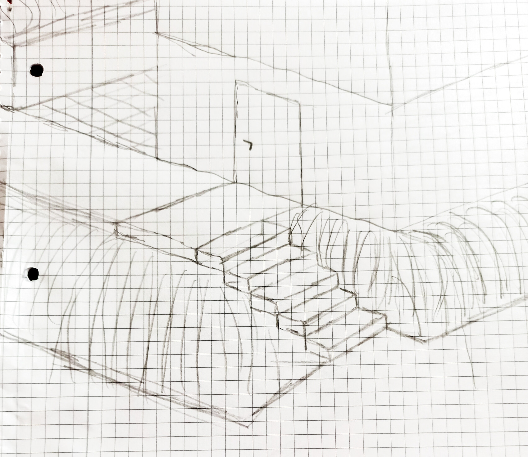 Skizze: Innenraum-Perspektive mit Treppen zur Tür und umlaufenden Wänden.