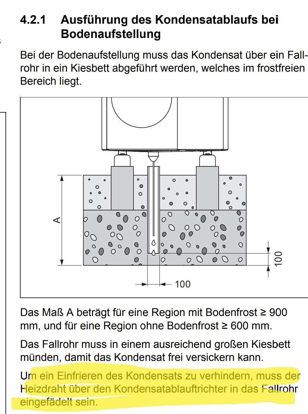 Technische Zeichnung des Kondensatablaufs in Bodenaufstellung mit Heizdraht