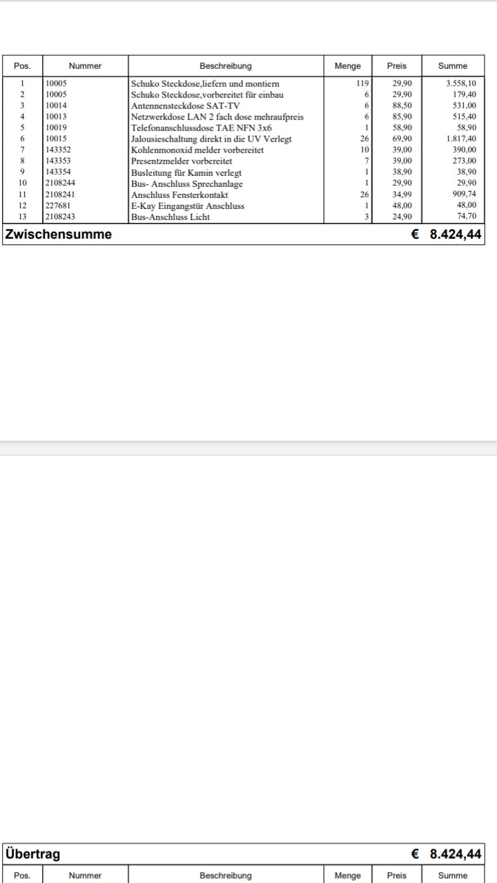 Kalkulationsliste mit Positionen, Beschreibungen, Mengen und Gesamtsumme von 8.424,44 €.