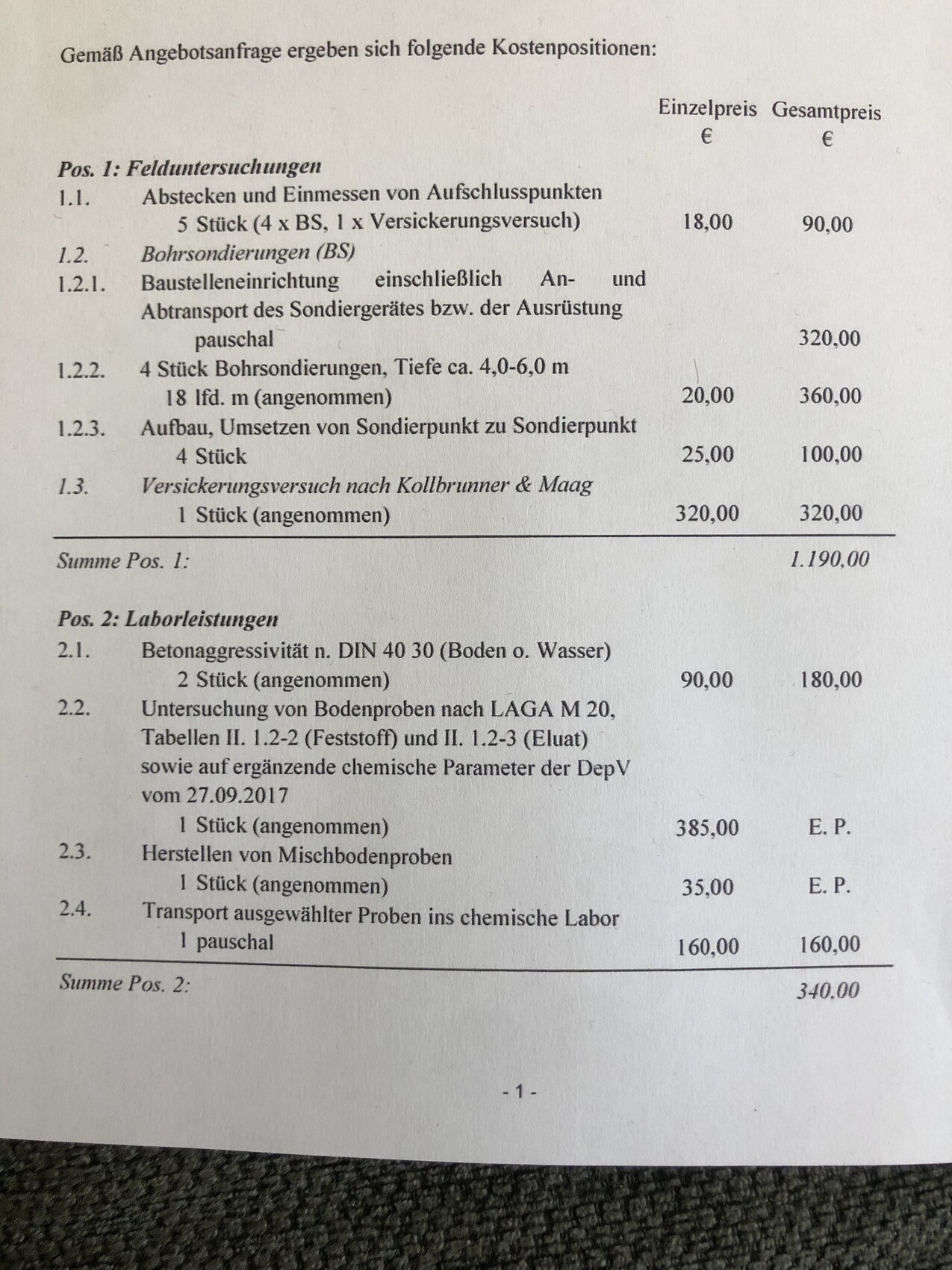 Kostenaufstellung mit Positionen zu Felduntersuchungen und Laborleistungen inkl. Preisen.