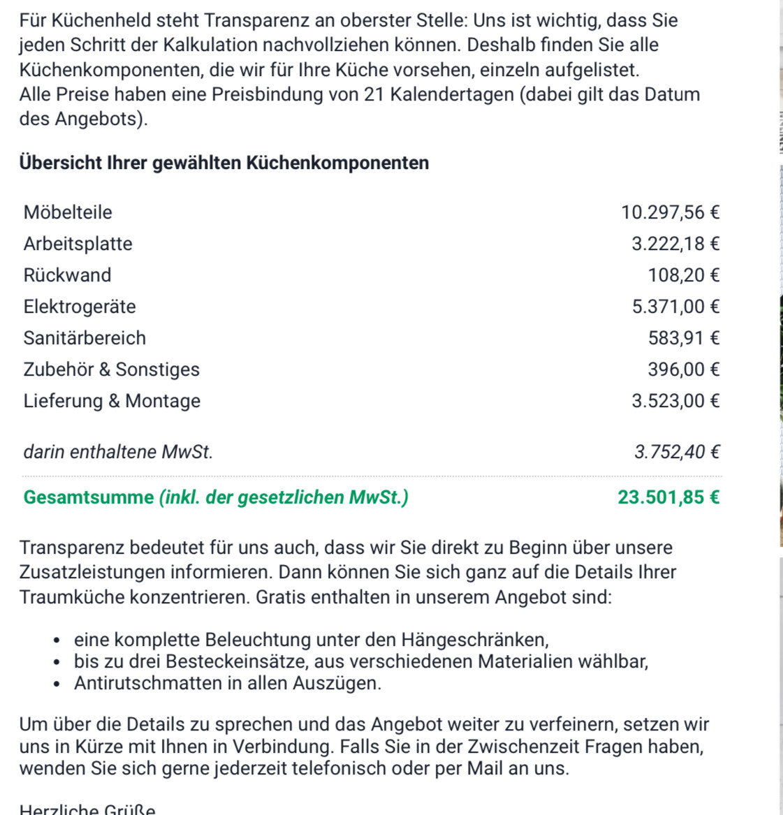 Übersicht der gewählten Küchenkomponenten mit Einzelpreisen und Gesamtsumme inkl. MwSt.