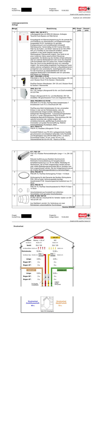 Dokument mit Angebots-Leistungs-Verzeichnis, Produktliste und Installationsdiagramm für Lüftung.