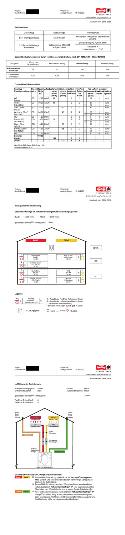 Technische Lüftungsplanung: Gebäudedaten, Luftverteilung, Strangschema, Grundriss und Legende.