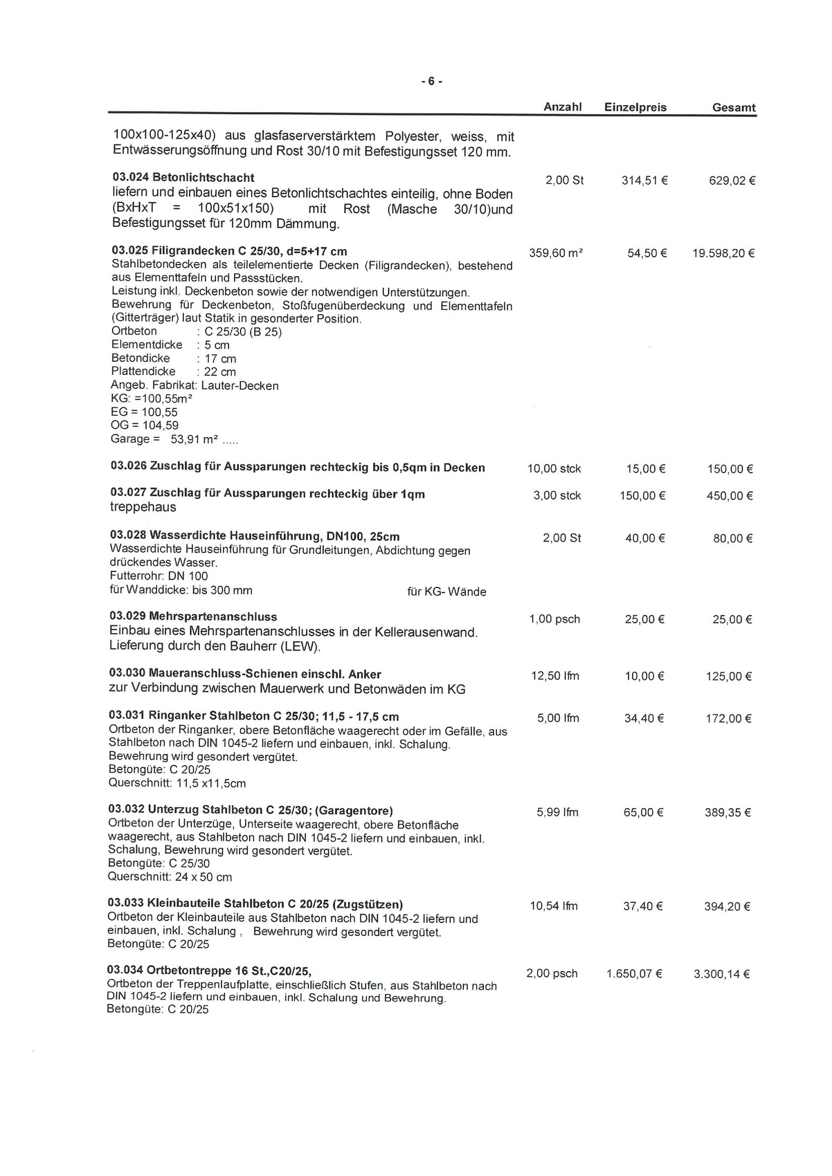 Preisliste Bauleistungen: Seite mit Tabellen, Positionen und Preisen (03.024–03.034).