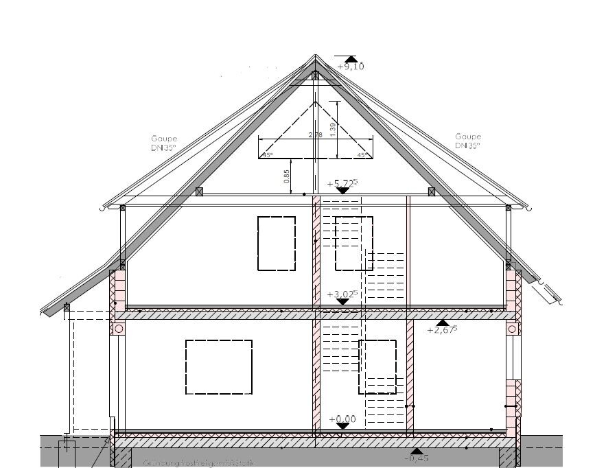 Schnitt durch ein zweigeschossiges Haus mit Dachstuhl, Fenstern und Treppe.