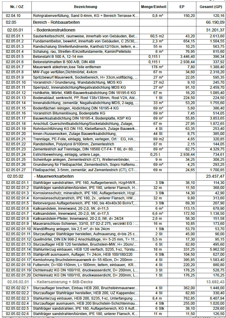 Tabelle mit Bauleistungen: Positionen, Mengen, EP und GP (Kostenliste).