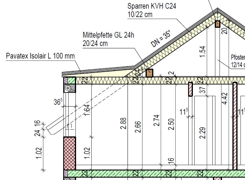 Schnittansicht eines Gebäudes mit Dachkonstruktion, Wänden, Isolierung und Maßen