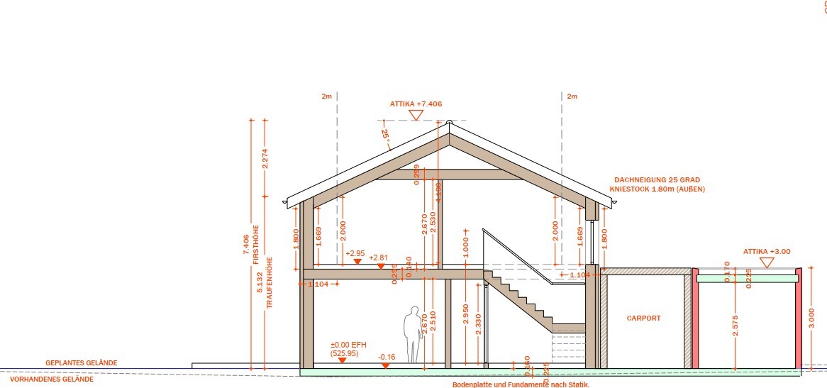 Schnitt durch ein zweigeschossiges Haus mit Treppe, Dachstuhl und Carport
