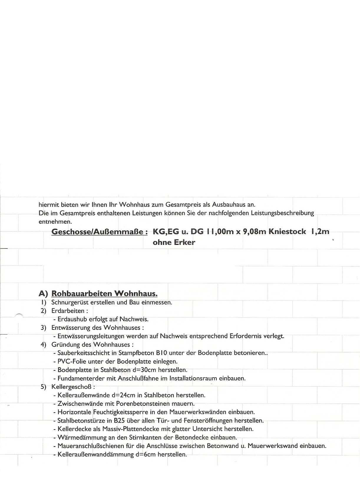 Schriftliche Bauleistungsbeschreibung für Wohnhaus, Abschnitt A: Rohbauarbeiten.