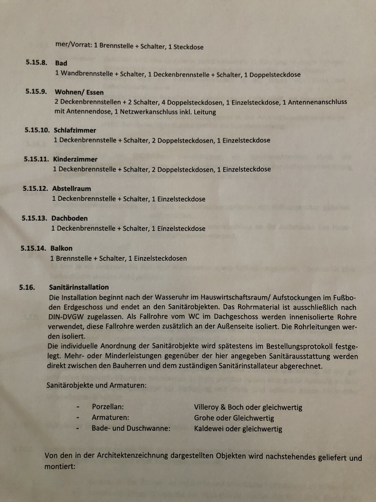 Seite mit Raum-Installationen: Bad bis Balkon, Brennstelle, Schalter, Steckdosen.