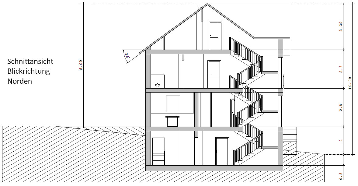Schnittansicht eines mehrgeschossigen Gebäudes mit Treppenhaus, Blickrichtung Norden.