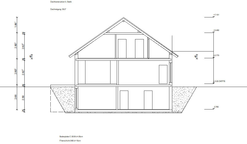 Schnitt durch ein zweigeschossiges Haus mit Satteldach, Keller und Erdreich
