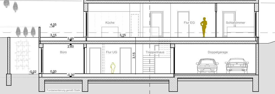 Schnitt durch ein zweigeschossiges Haus mit Küche, Büro, Flur, Treppenhaus und Garage.