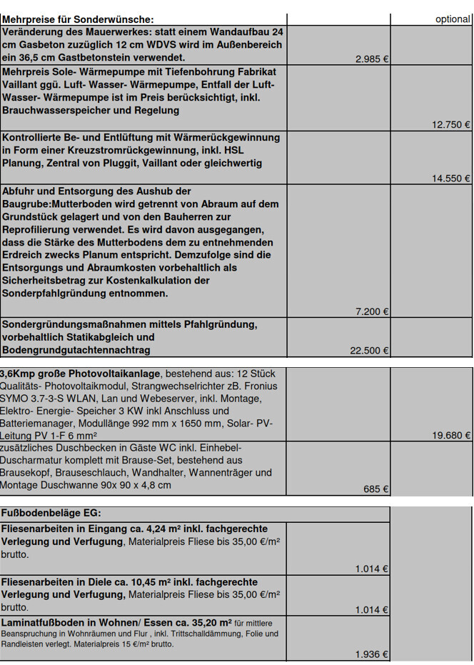 Preisübersicht mit Mehrpreisen für Bau-Sonderwünsche (Mauerwerk, Wärmepumpe, Entsorgung)