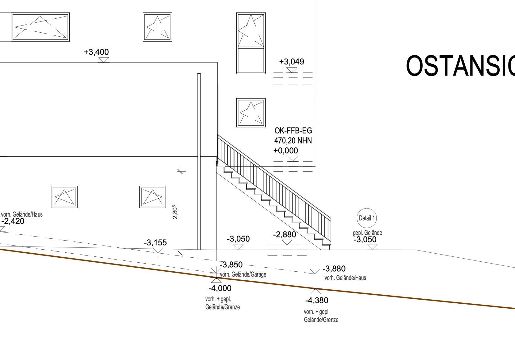 Außenansicht: Gebäude mit Treppe, Geländer, Fenstern, Höhenangaben und Geländeprofil.