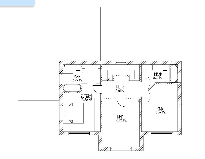Grundriss eines Hauses mit Flur, Elternzimmer, zwei Kinderzimmern und zwei Bädern