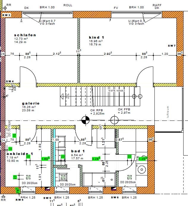 Grundriss eines Wohnhauses: Schlafzimmer, Kinderzimmer 1, Galerie und Ankleide.