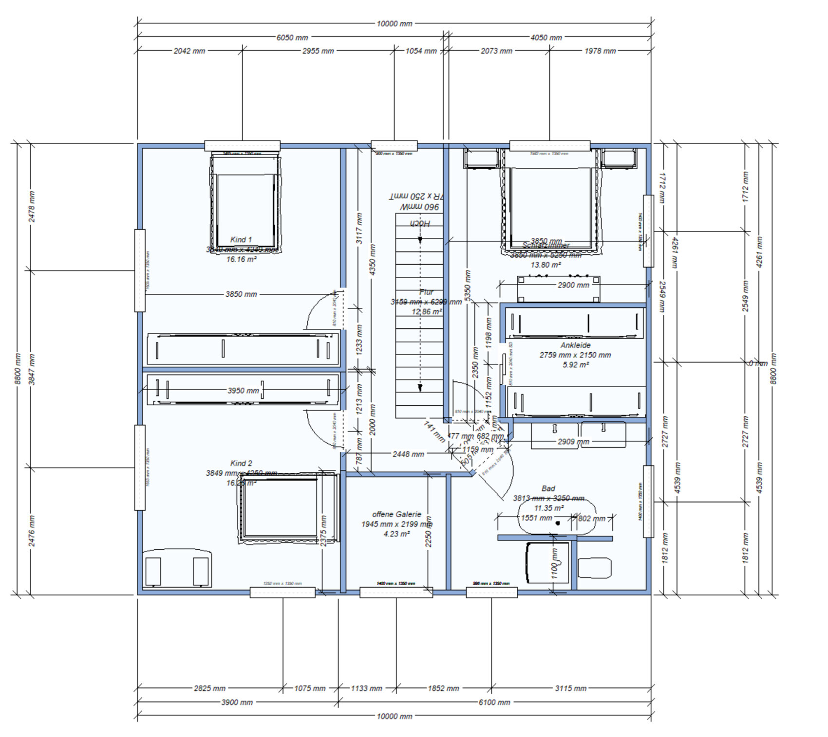 Grundriss eines Hauses: zwei Kinderzimmer, Bad, Ankleide, offene Galerie, Treppe.