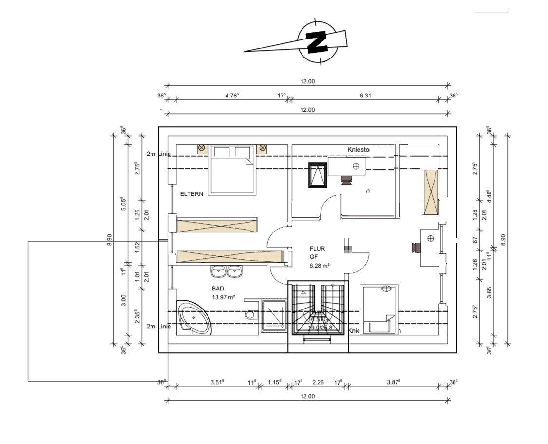 Grundriss eines Schlaf- und Wohnbereichs mit Bad, Flur, Arbeitsbereich und Treppenhaus.