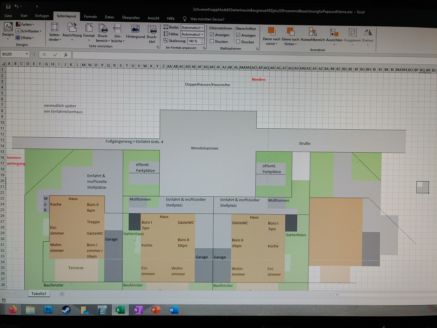 Lageplan eines Wohnkomplexes mit Häusern, Garagen, Parkplätzen, Fußgängerweg und Wendehammer.