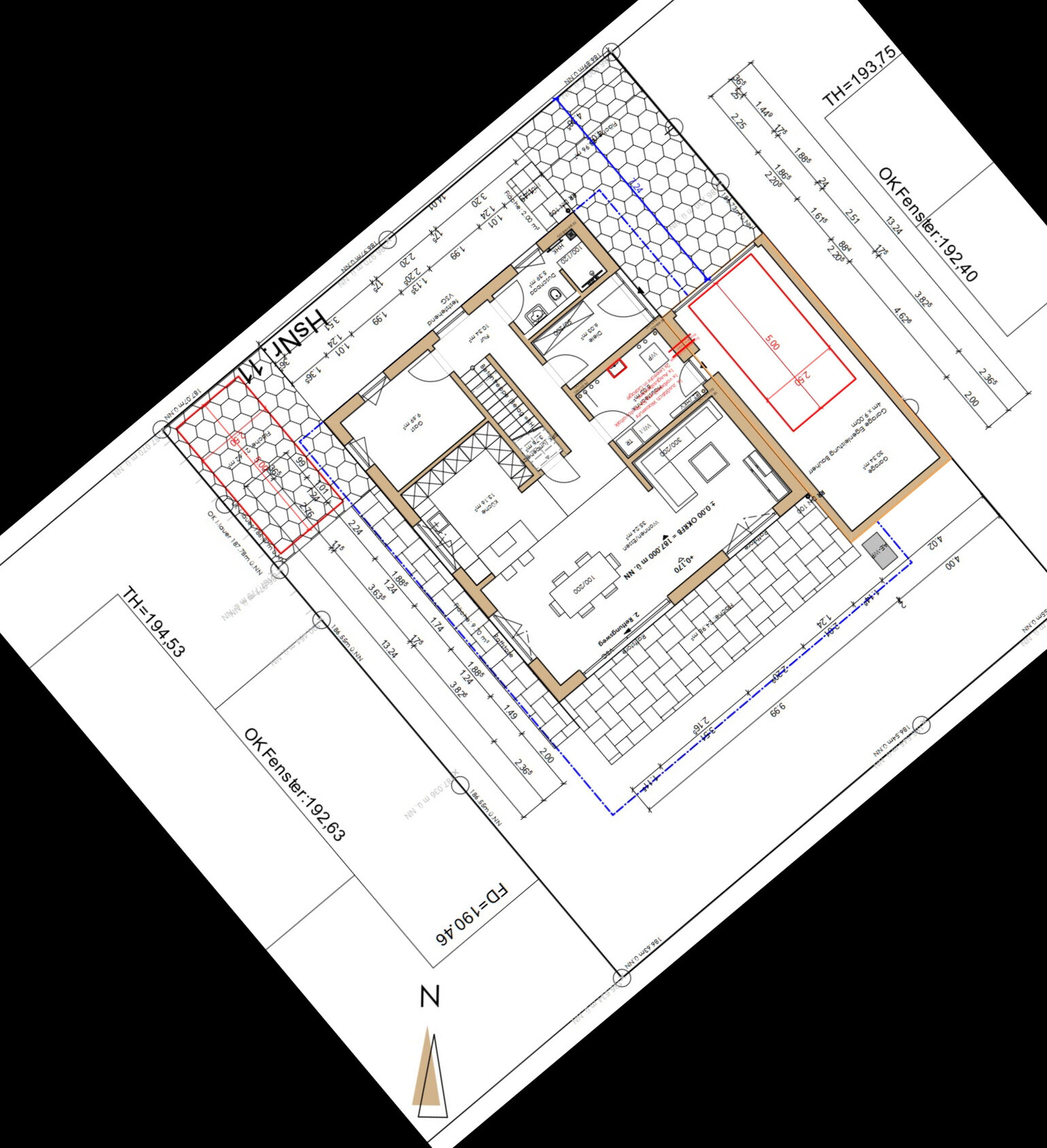 Grundriss eines Hauses mit Wohnzimmer, Küche, Schlafzimmer, Bad und Terrasse.