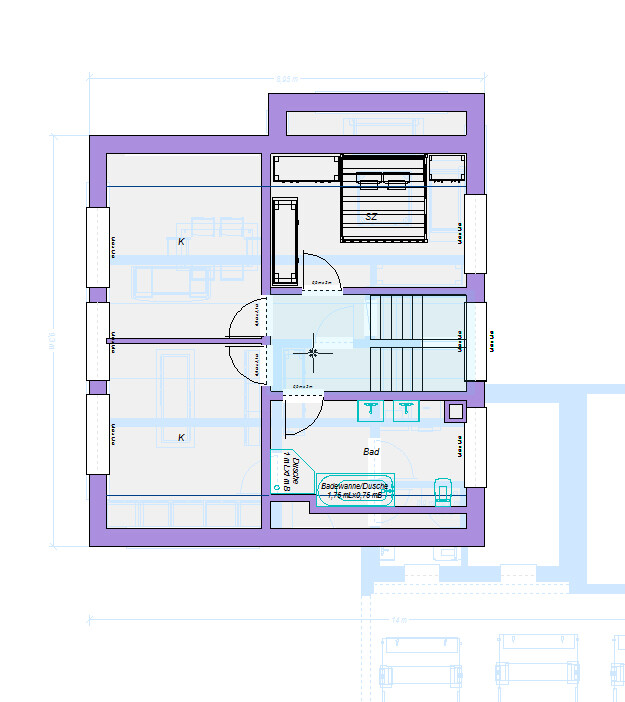 Grundriss eines Hauses mit Treppenhaus, zwei Küchen, Bad und Schlafzimmer.