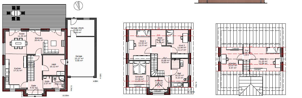 Drei 2D-Grundrisspläne eines Hauses: Erdgeschoss, Obergeschoss und Dachgeschoss.