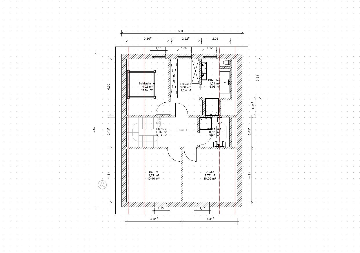 Grundriss Obergeschoss: Flur, Schlafzimmer, zwei Kinderzimmer, Arbeitszimmer, Elternbad, Kinderbad.