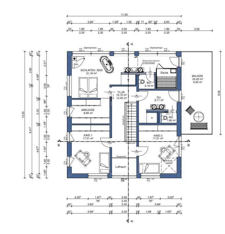 Grundriss eines Hauses: Schlafzimmer, Kinderzimmer, Bad, Ankleide, Sauna, Balkon, Flur, Luftraum.