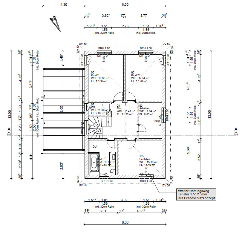 Grundriss eines Hauses mit Treppenhaus, Flur, Schlafzimmer, zwei Kinderzimmer, Bad, Dusche.