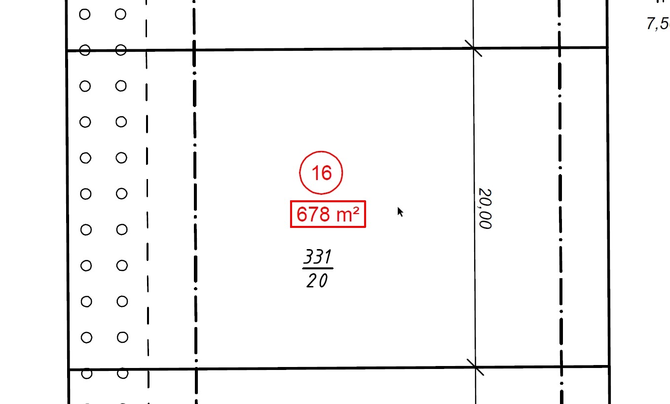 Grundriss eines Raums mit Fläche 678 m² (Nr. 16); rote Markierung mit Kreis 16, Seitenlänge 20 m.