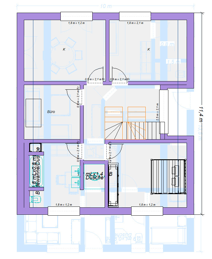 Grundriss eines Obergeschosses mit zwei Küchen, Büro, Dusche, Schlafzimmer und Treppenhaus.
