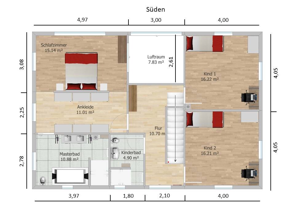 Grundriss eines Hauses mit Schlafzimmer, Ankleide, Masterbad, Kinderbad, Flur und zwei Kinderzimmer.