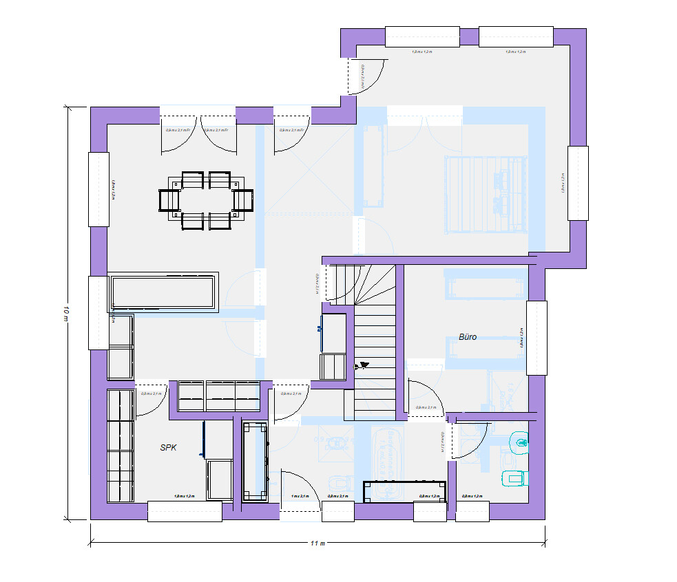 Grundriss eines Hauses: möbliertes Erdgeschoss mit Essecke, Büro, Schlafzimmer, Treppenhaus.