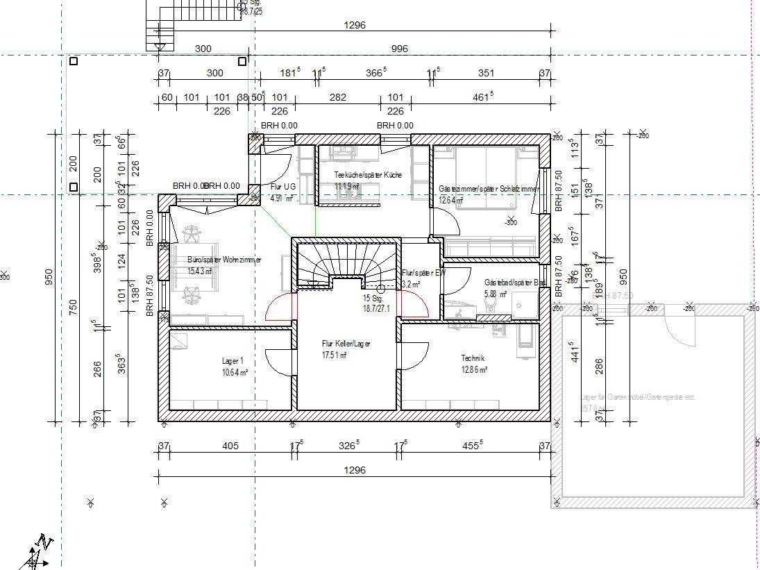 Grundriss Kellergeschoss: Flure, Technik, Lager, Büro, Küche, Gästezimmer