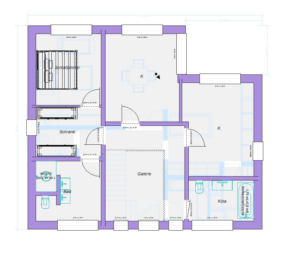 Grundriss eines Hauses mit Schlafzimmer, Bad, Galerie und Küche mit Esstisch.