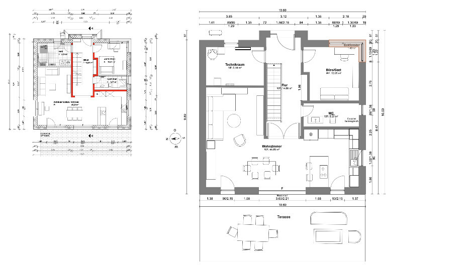 Architekturplan: Erdgeschoss mit Wohnzimmer, Küche, Büro/Gast, WC und Terrasse
