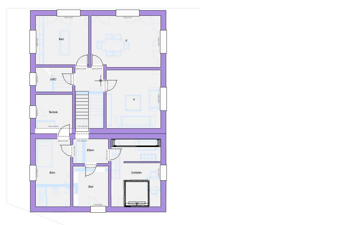 Grundriss eines Hauses mit Bad, Küche, Büro, Eltern, Schlafen, GWC und Technik.