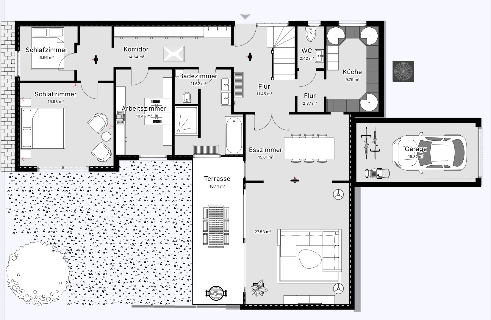 Grundriss eines Hauses: Schlafzimmer, Arbeitszimmer, Bad, Küche, Esszimmer, Terrasse, Garage.