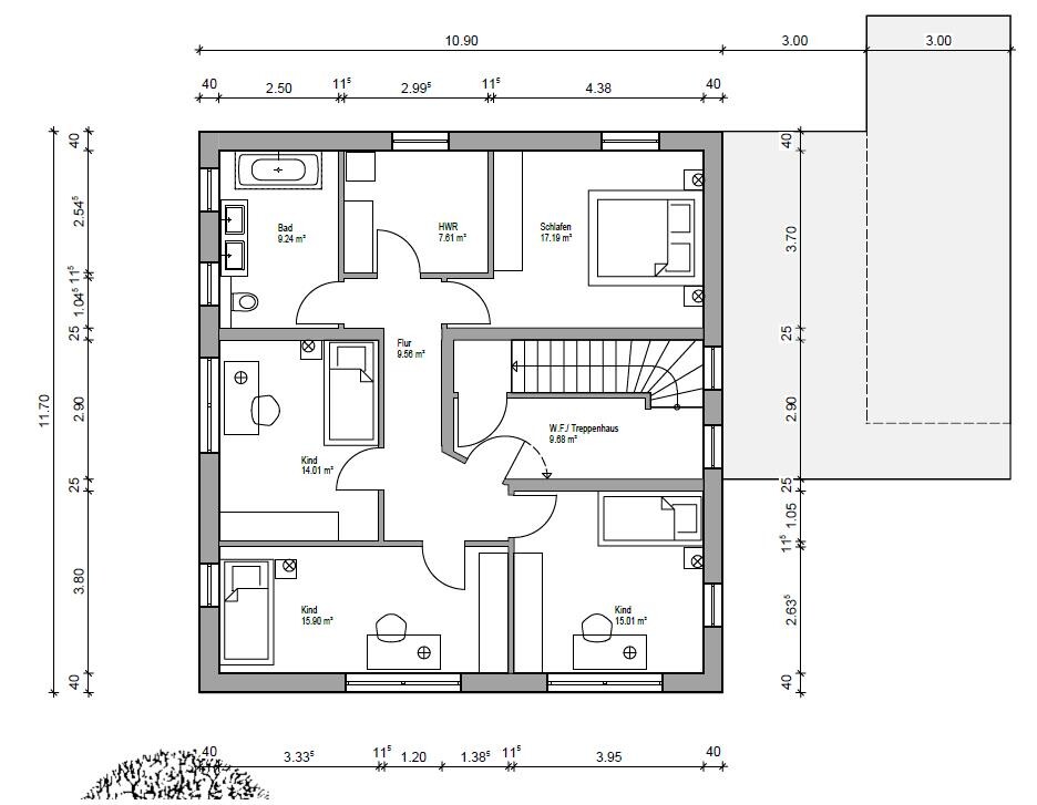 Grundriss eines Hauses: Bad, HWR, Flur, Schlafen und drei Kinderzimmer mit Treppenhaus.