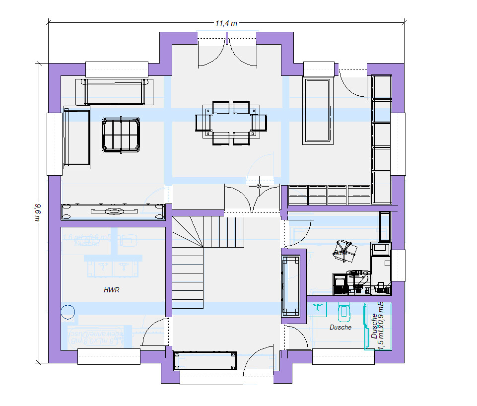 Grundriss eines Hauses: offener Wohn- und Essbereich mit Küche, Bad, HWR und Treppe.