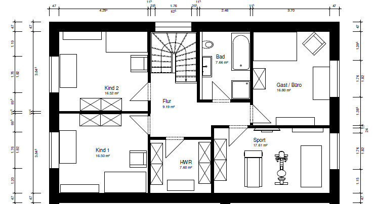 Grundriss eines Obergeschosses mit Treppenhaus, Flur, Bad, Gäste/Büro, 2 Kinderzimmer, HWR, Sportraum