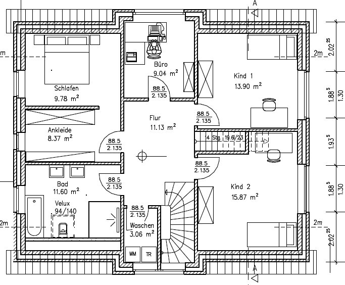 Grundriss eines Dachgeschosses: Schlafzimmer, Ankleide, Bad, Flur, Büro und zwei Kinderzimmer.